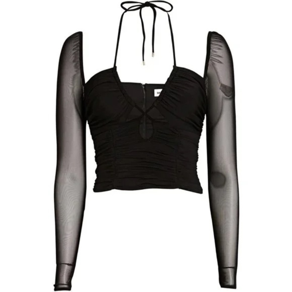 NEW Self-Portrait Gathered Detailed Top Criss Cross Open Keyhole Halter Mesh 6